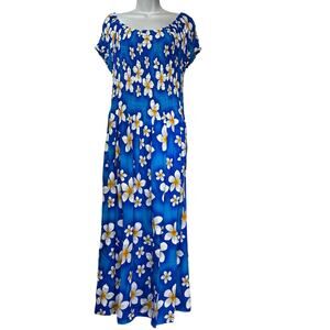 aloha fashion blue white plumeria smocked dress OS